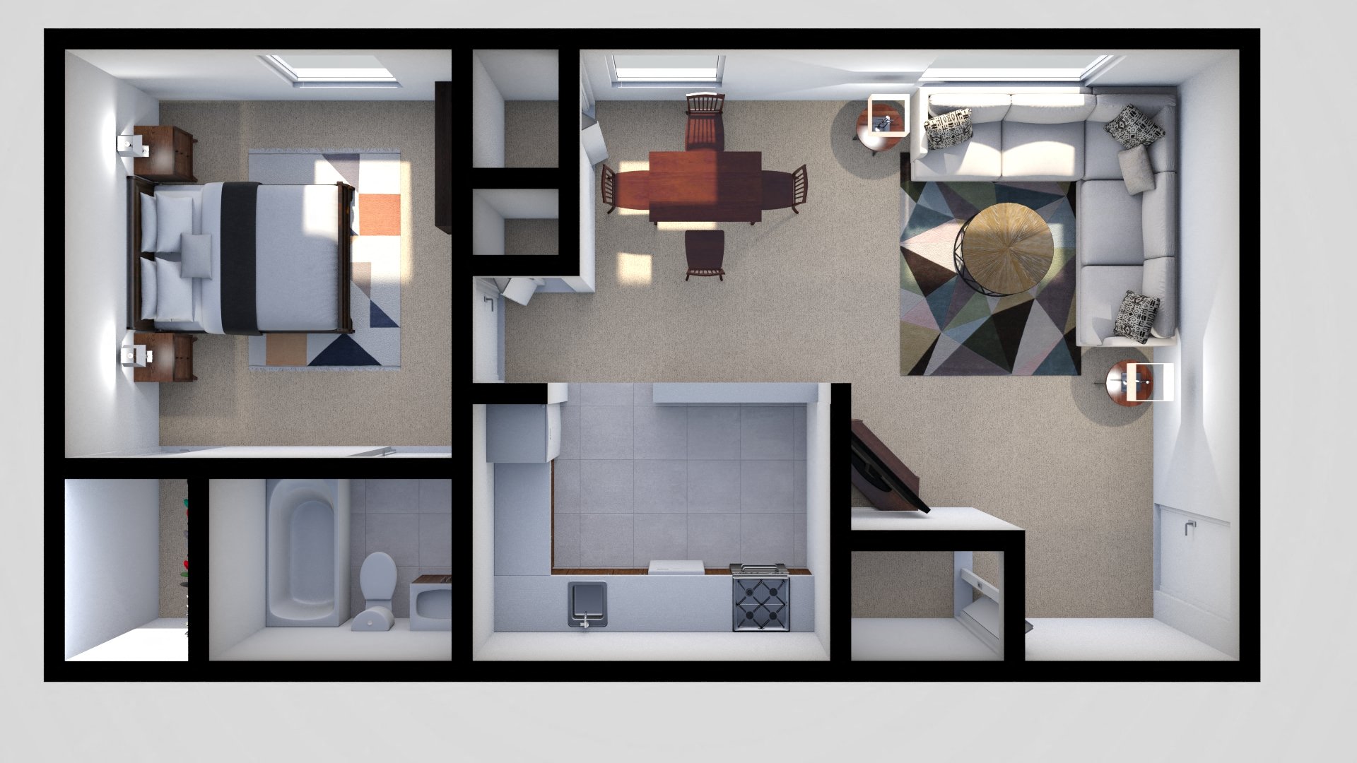 Floor plan for 1 bed, 1 bath, 586 sqft